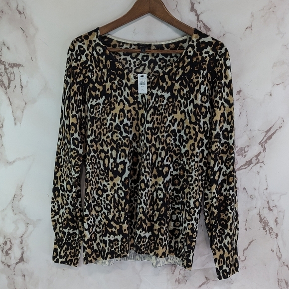 Talbots Sweater Womens Large P Brown Merino Wool Leopard Cheetah Petite - Picture 1 of 10